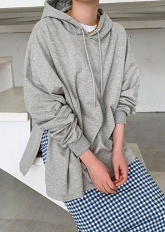 Baggy Grey Hooded Side Open Cotton Sweatshirts Top Spring LY1979