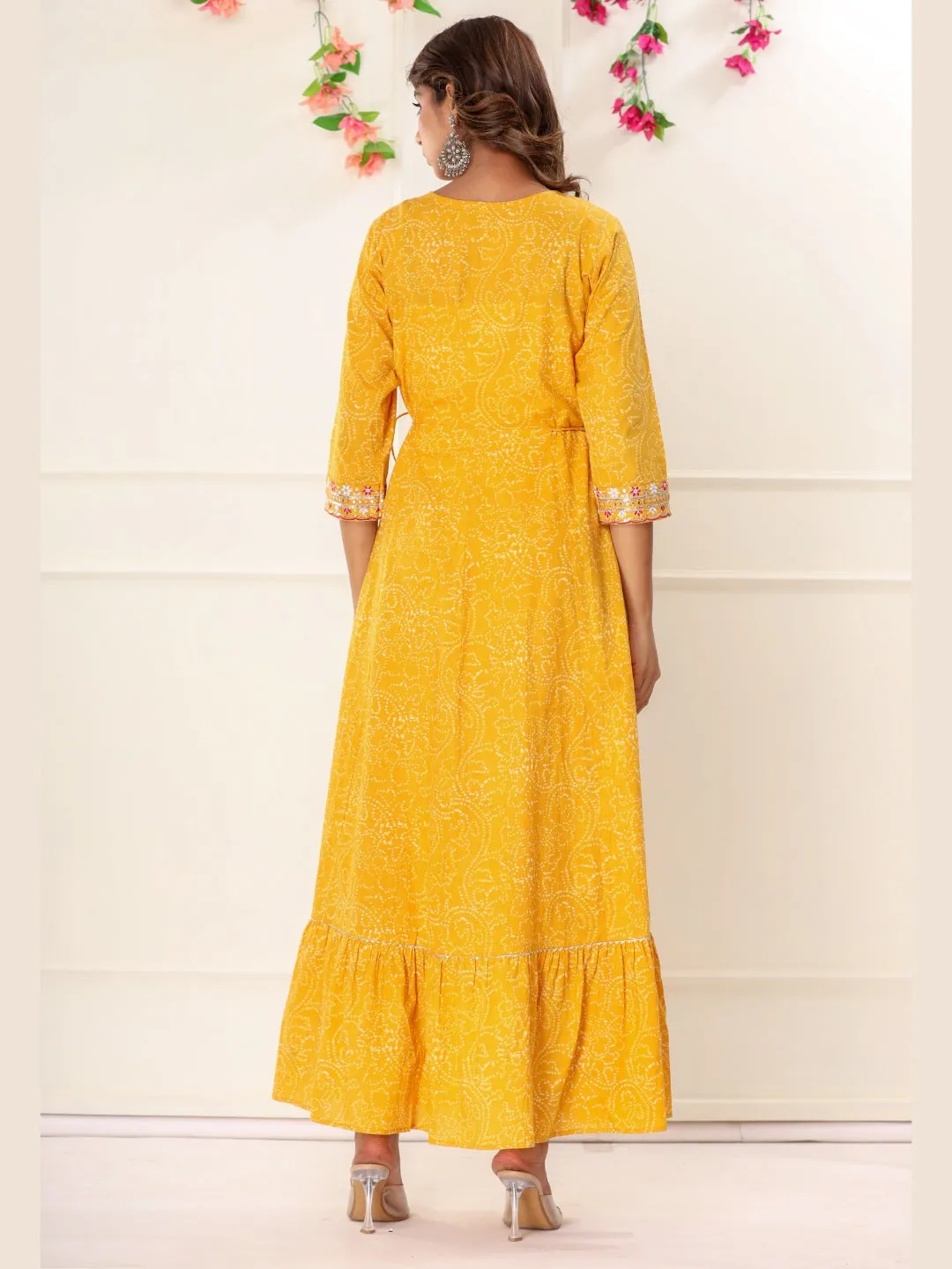 Bandhani Print Colorful Embroidered Anarkali Kurta Dress - Yellow