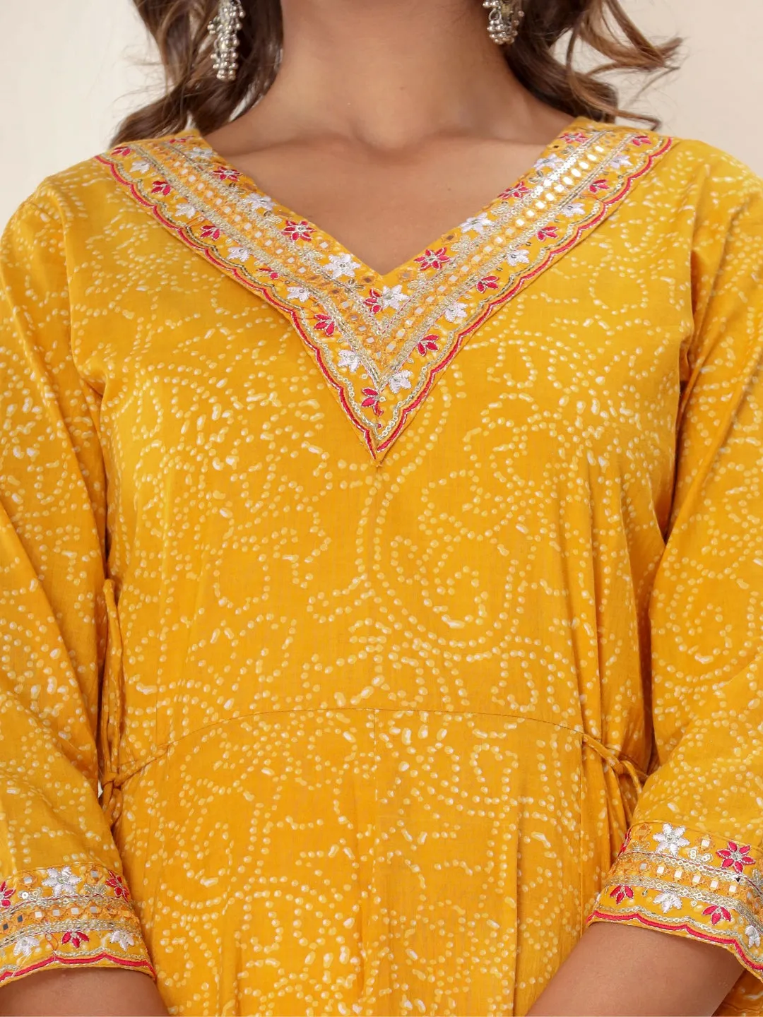 Bandhani Print Colorful Embroidered Anarkali Kurta Dress - Yellow