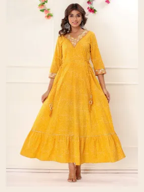 Bandhani Print Colorful Embroidered Anarkali Kurta Dress - Yellow