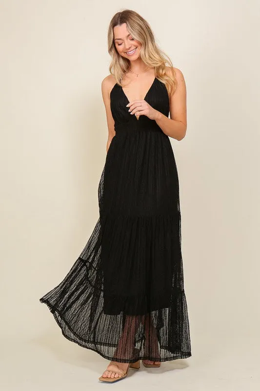 Black Boho Halter Tiered Lace Maxi Lined Dress