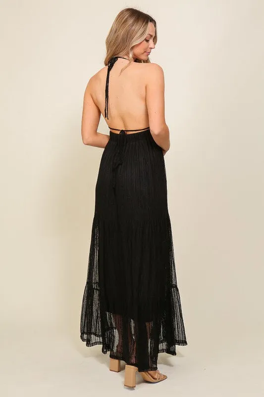 Black Boho Halter Tiered Lace Maxi Lined Dress