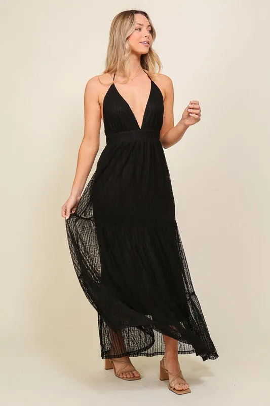 Black Boho Halter Tiered Lace Maxi Lined Dress