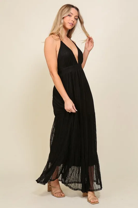 Black Boho Halter Tiered Lace Maxi Lined Dress