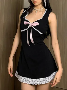 Black Bow Lace Trim A-Line Dress