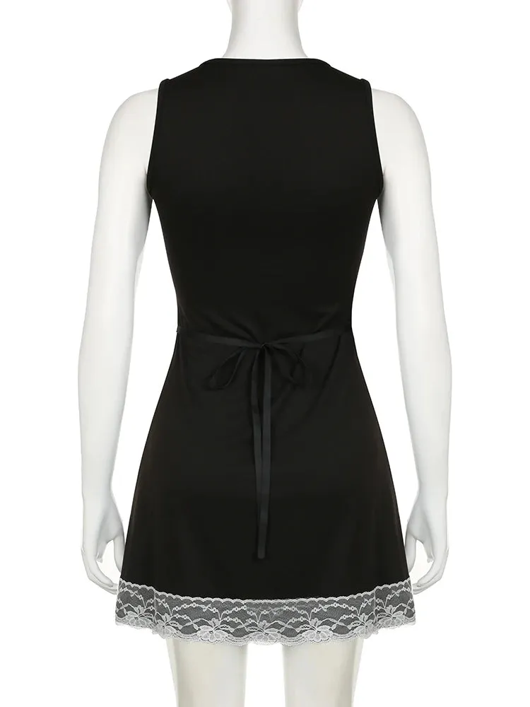 Black Bow Lace Trim A-Line Dress