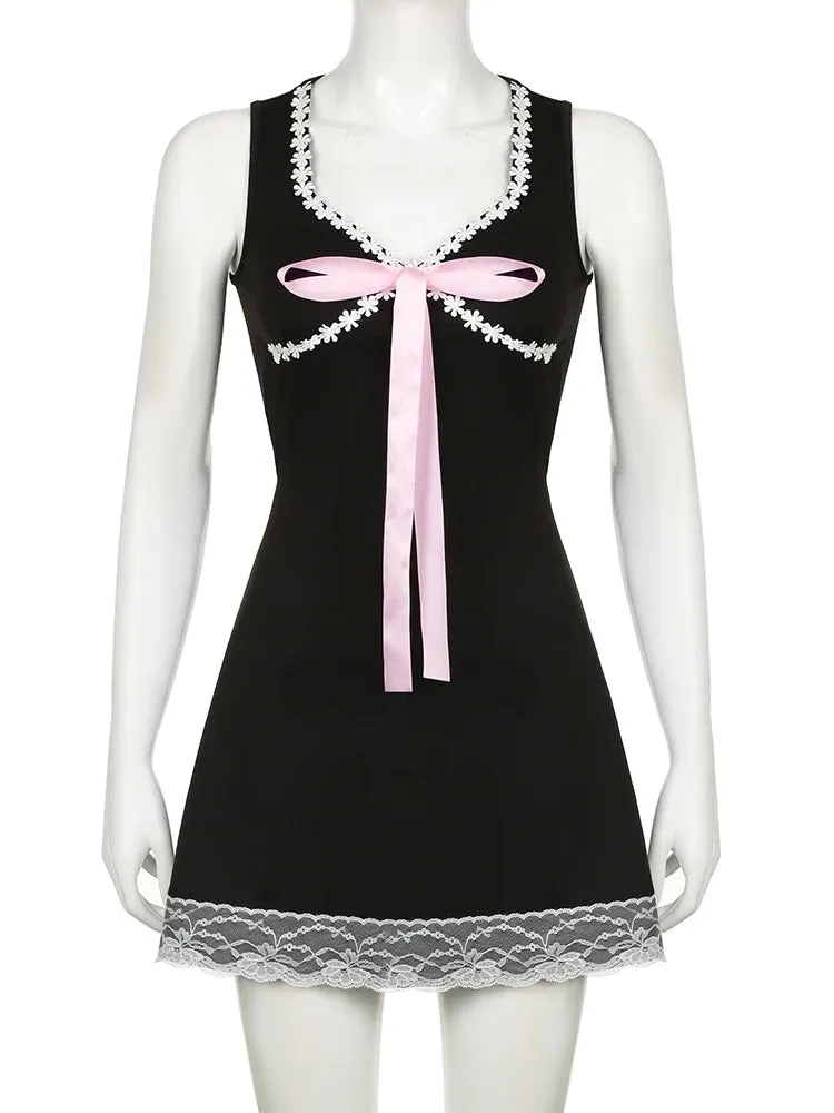 Black Bow Lace Trim A-Line Dress