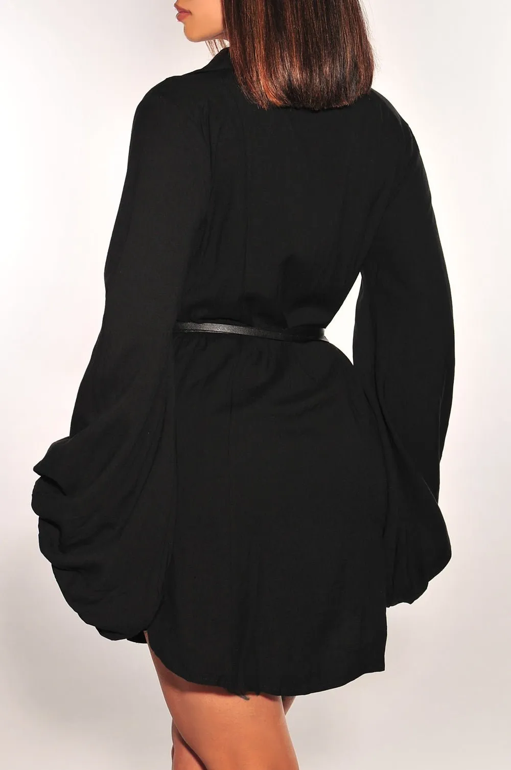 Black Long Flared Sleeve Collared Button Up Belted Dress