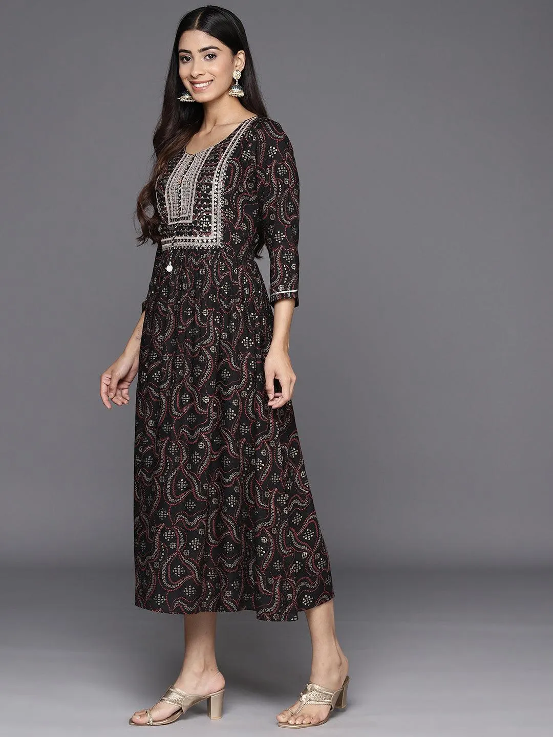 Black Printed Rayon Fit and Flare Dress