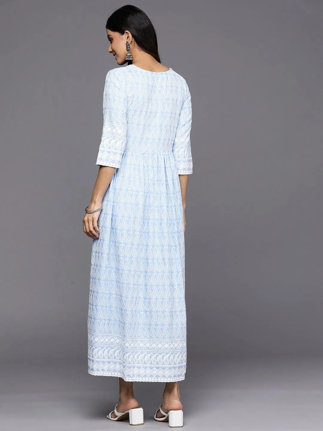 Blue Embroidered Rayon Fit and Flare Dress