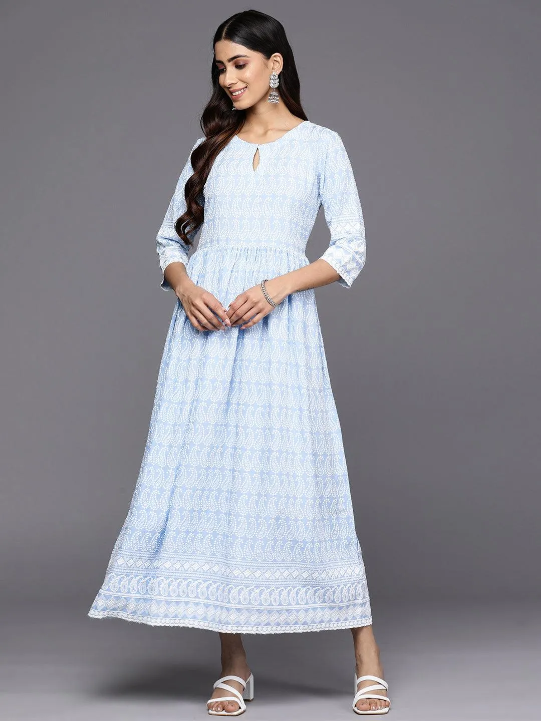 Blue Embroidered Rayon Fit and Flare Dress