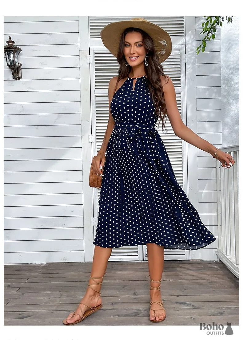 Boho Blue Sling Polka-dot Beach Midi Dress Jia