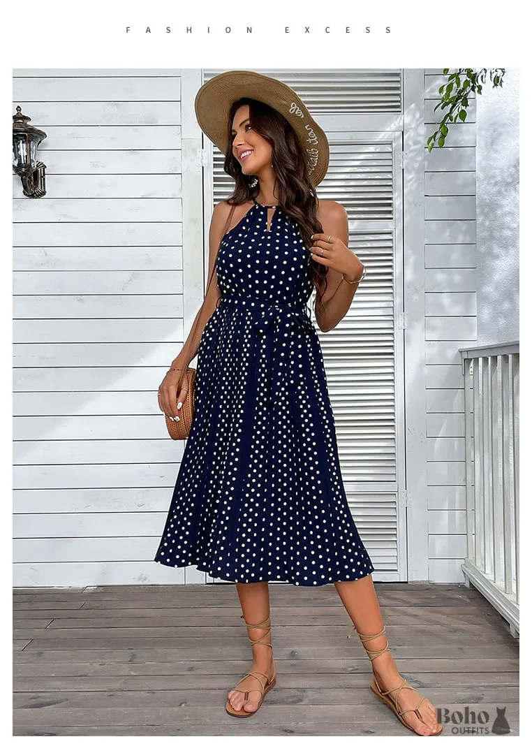 Boho Blue Sling Polka-dot Beach Midi Dress Jia