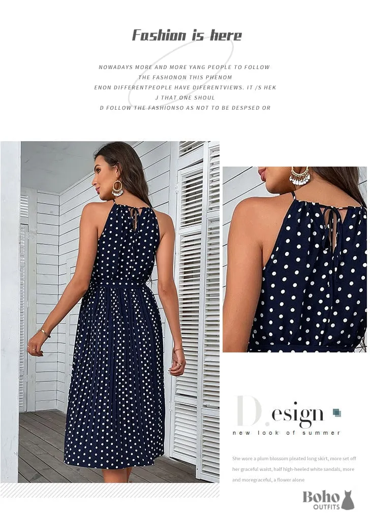 Boho Blue Sling Polka-dot Beach Midi Dress Jia