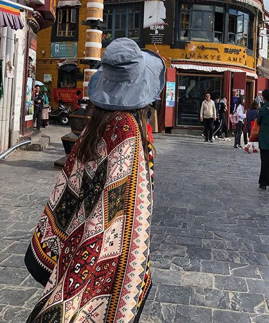 Boho Colorblock Tasseled Print Linen Shawl