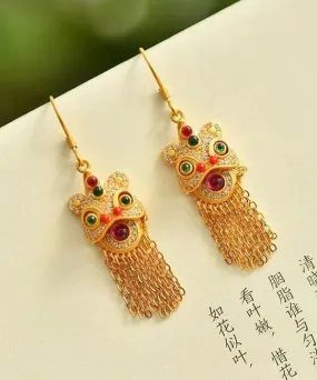 Boho Gold Gem Stone Tassel Silver Drop Earrings