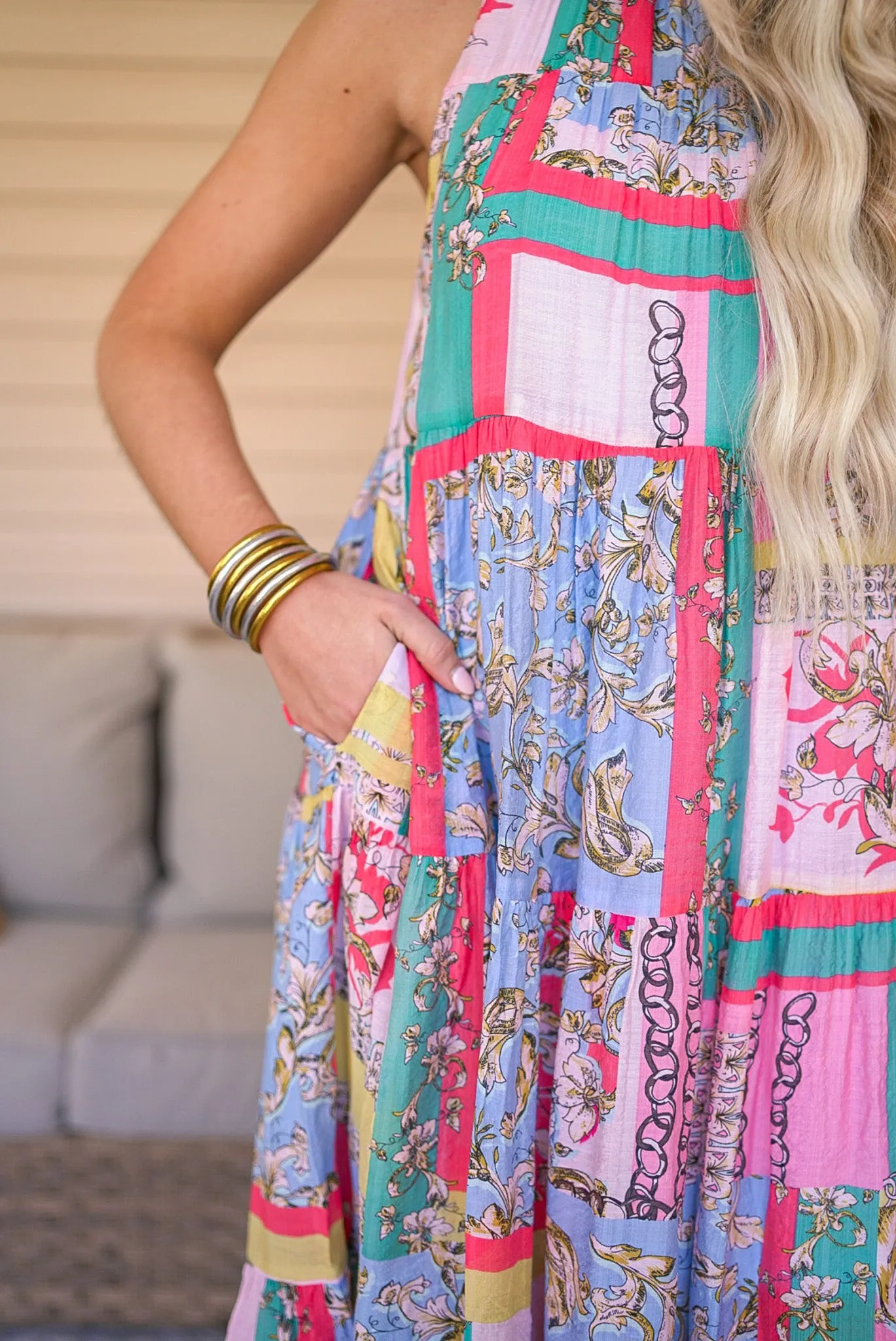 Boho Print Pink Midi Dress