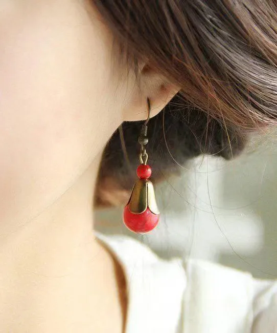 Boho Red Turquoise Patchwork Copper Drop Earrings LY9198