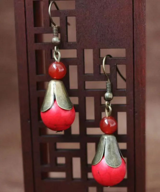 Boho Red Turquoise Patchwork Copper Drop Earrings LY9198