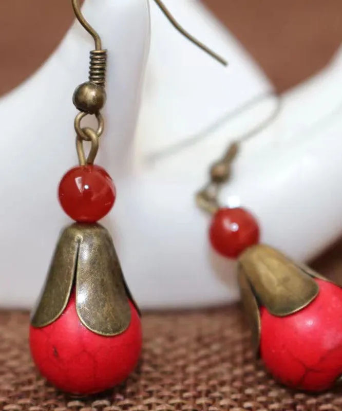 Boho Red Turquoise Patchwork Copper Drop Earrings LY9198