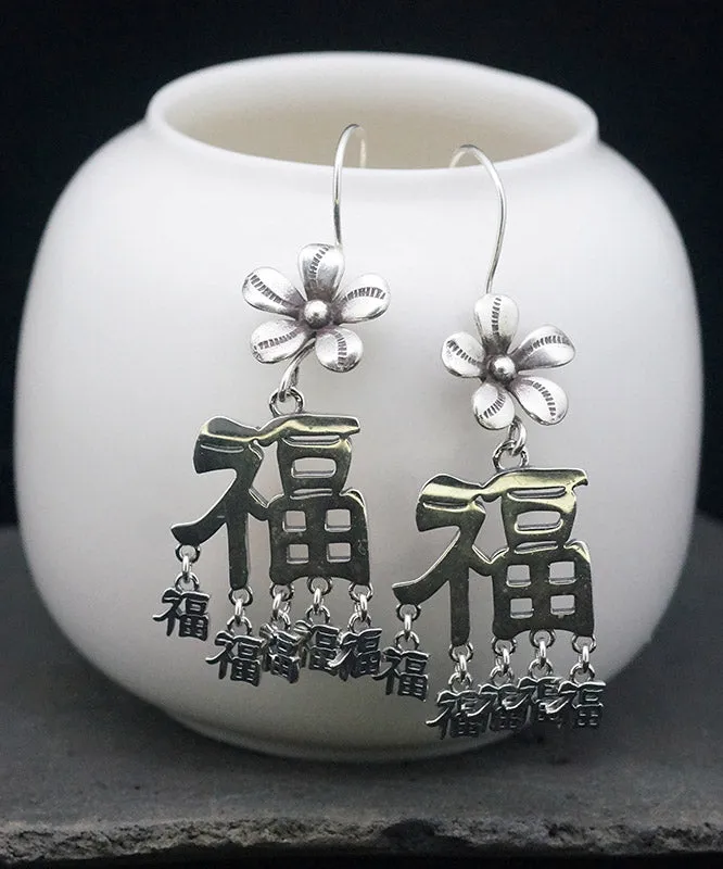 Boho Silk Sterling Silver Blessing Floral Tassel Drop Earrings LY2309