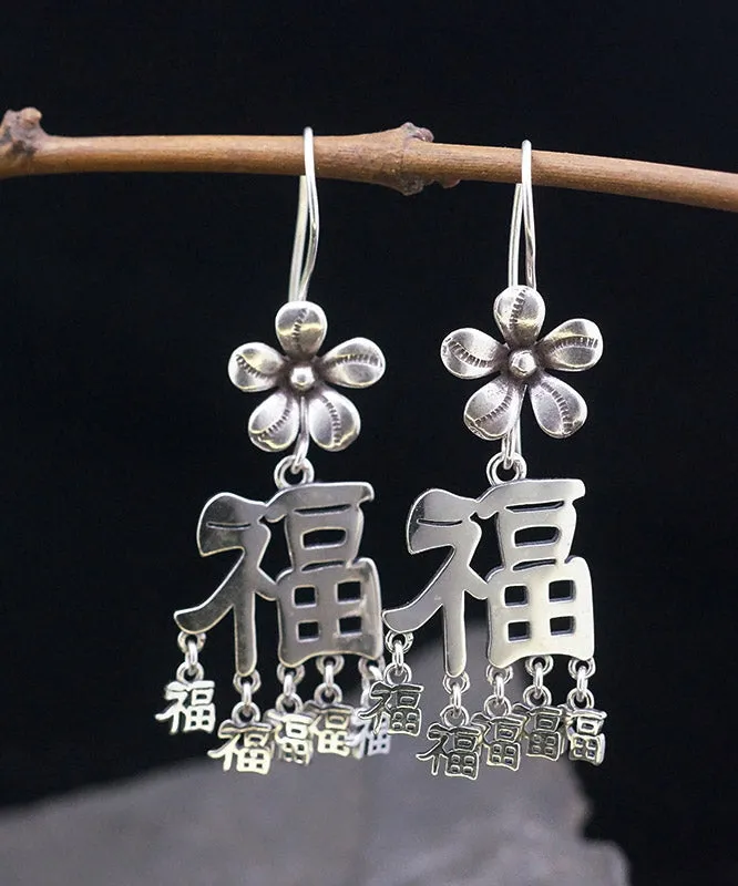 Boho Silk Sterling Silver Blessing Floral Tassel Drop Earrings LY2309