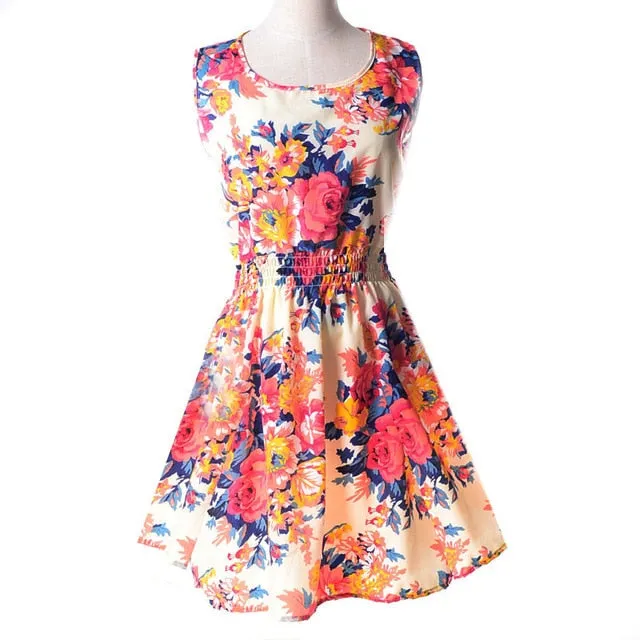 Boho Sleeveless O-Neck Florals Print Pleated Party Dress