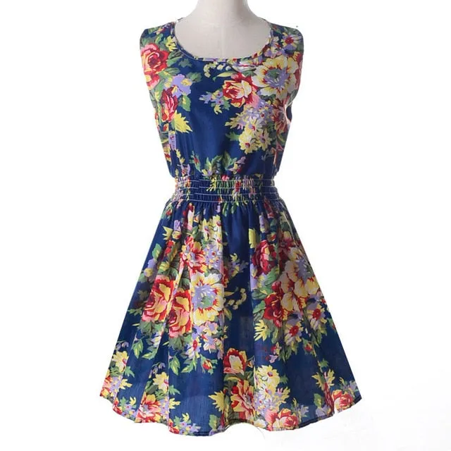 Boho Sleeveless O-Neck Florals Print Pleated Party Dress