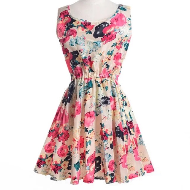 Boho Sleeveless O-Neck Florals Print Pleated Party Dress