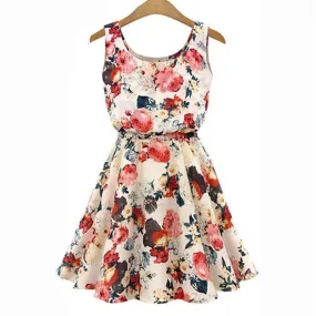 Boho Sleeveless O-Neck Florals Print Pleated Party Dress