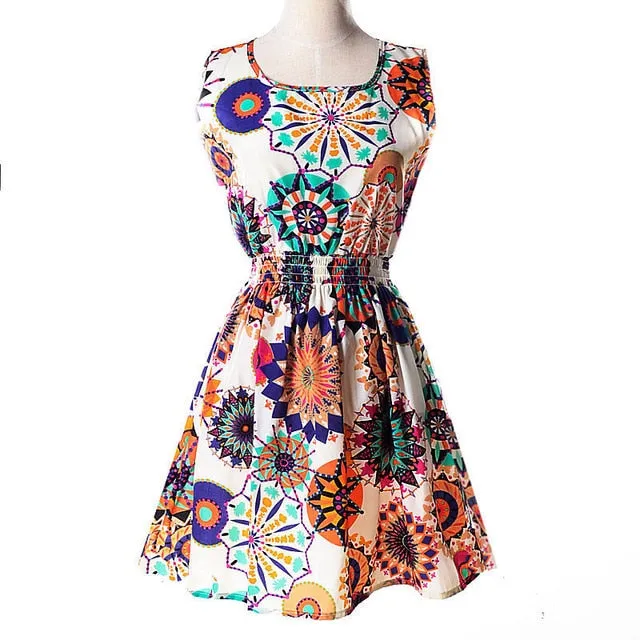 Boho Sleeveless O-Neck Florals Print Pleated Party Dress