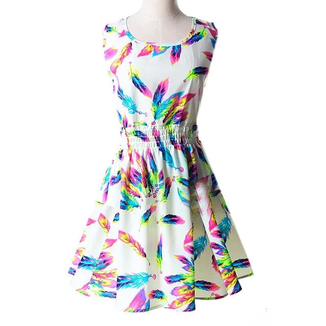 Boho Sleeveless O-Neck Florals Print Pleated Party Dress