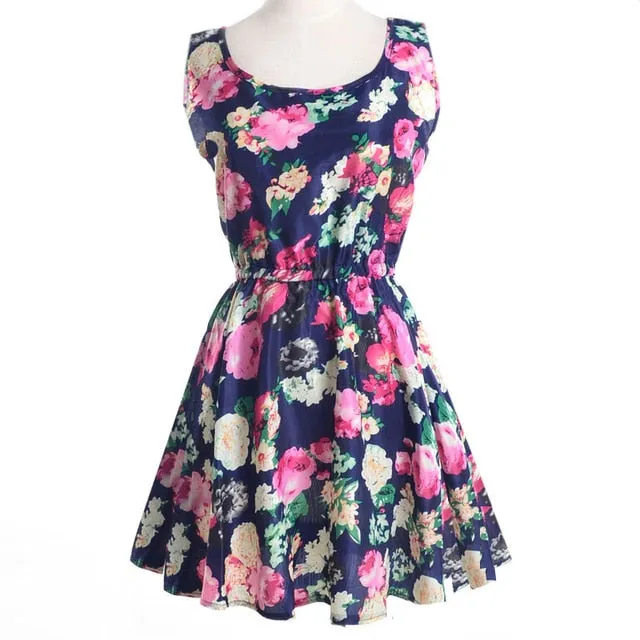 Boho Sleeveless O-Neck Florals Print Pleated Party Dress