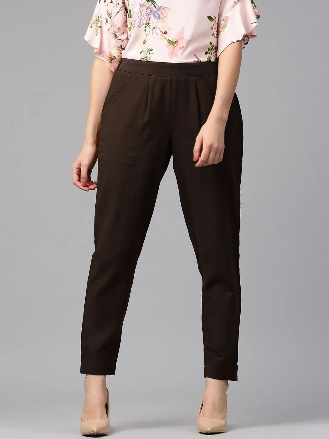 Brown Solid Cotton Slub Straight Pants