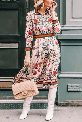 Button Floral Print Long Sleeve Pleated Dress