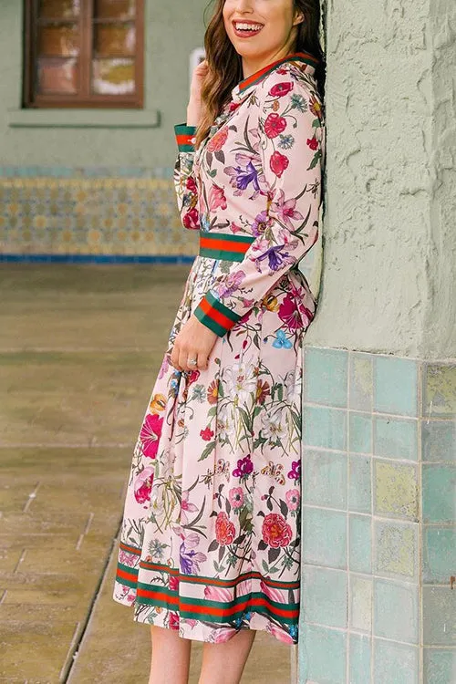 Button Floral Print Long Sleeve Pleated Dress