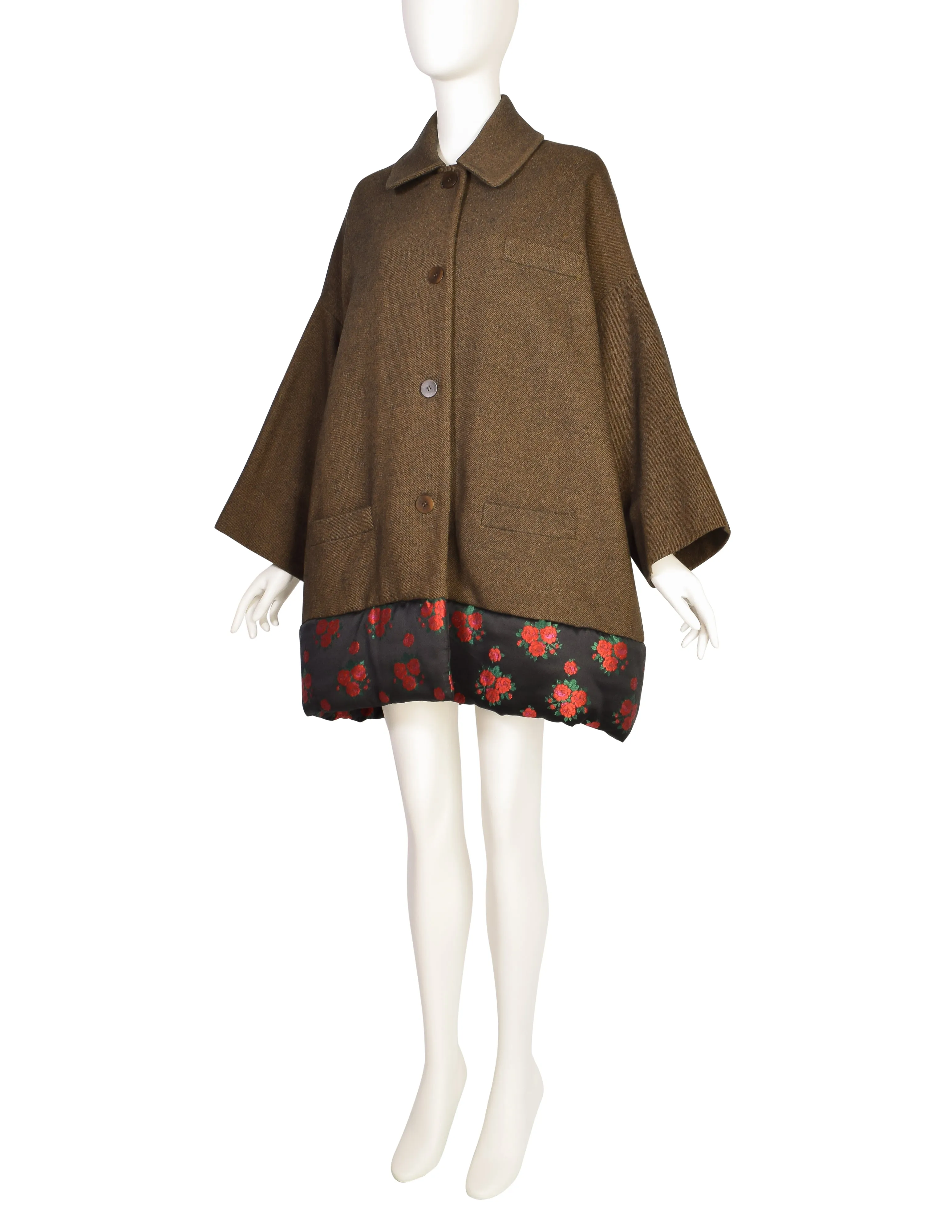 Callaghan by Romeo Gigli Vintage AW1990 Green Brown Wool Rose Brocade Coat