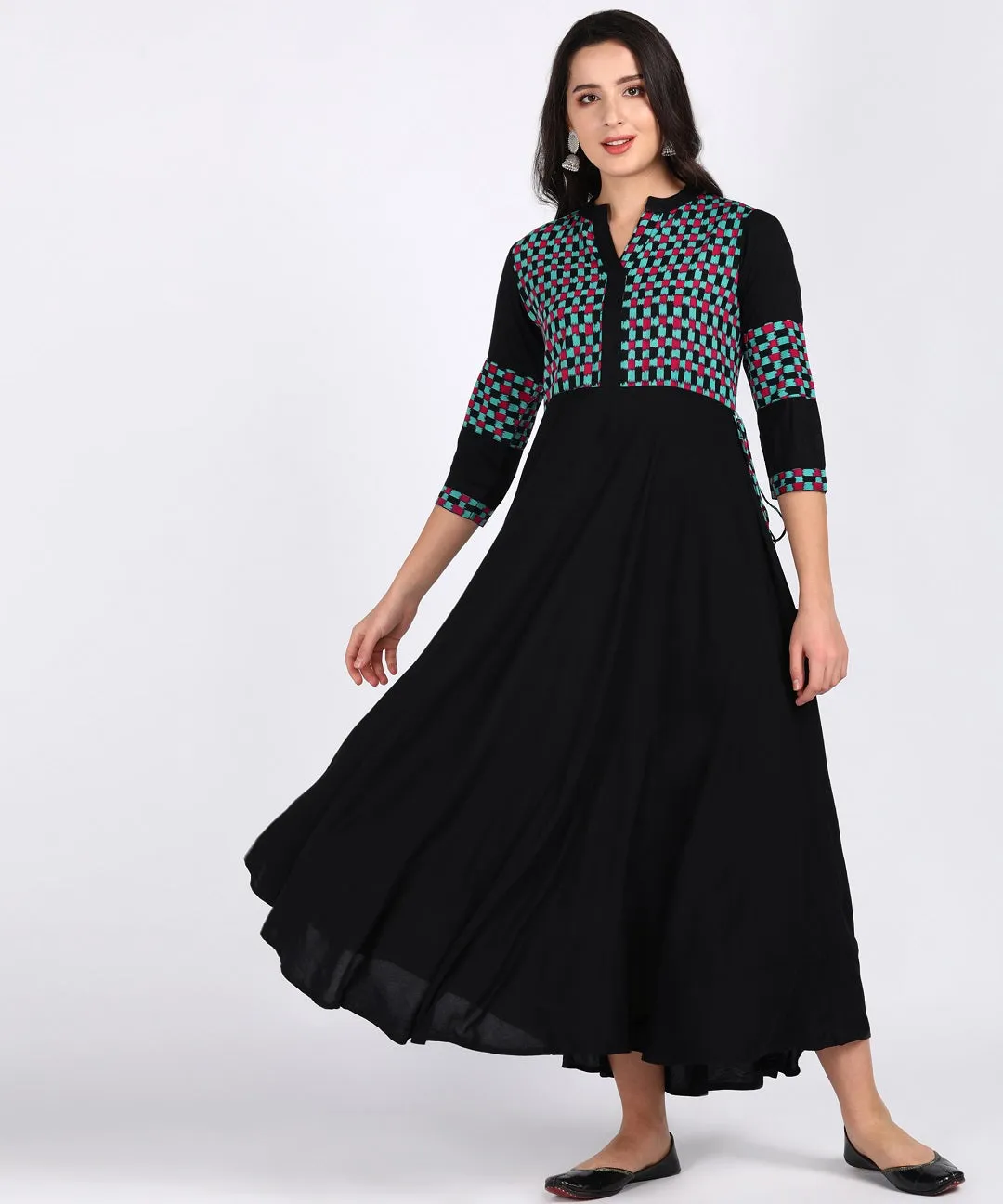 Checks Print Flared Maxi Kurta - Black