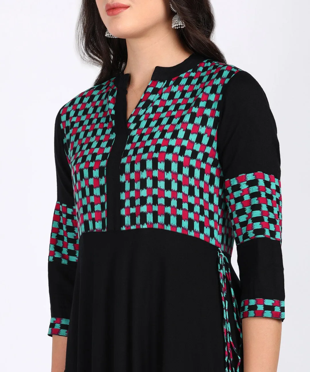 Checks Print Flared Maxi Kurta - Black