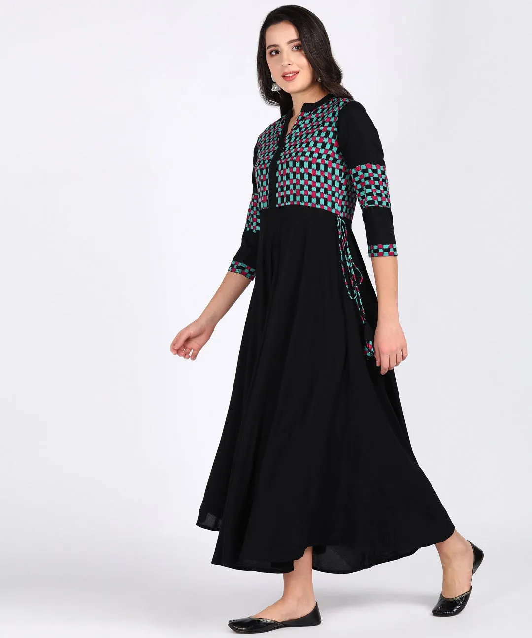 Checks Print Flared Maxi Kurta - Black