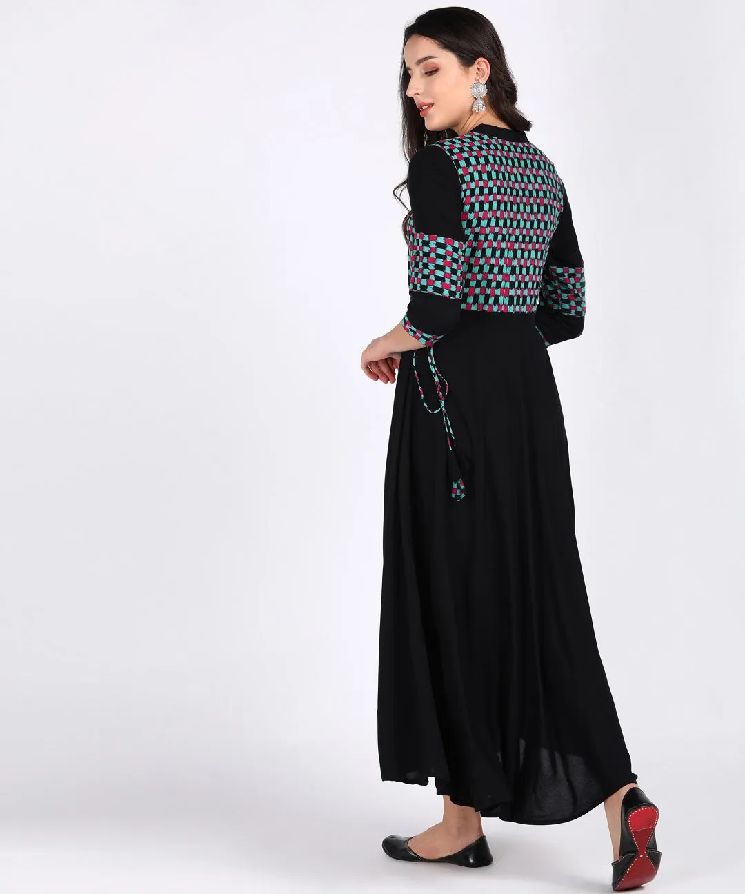 Checks Print Flared Maxi Kurta - Black