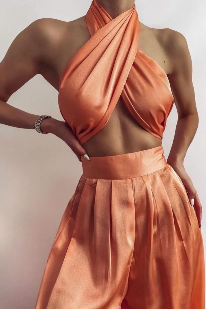 Coral Halter Wrap Top And Palazzo Satin Pants Set