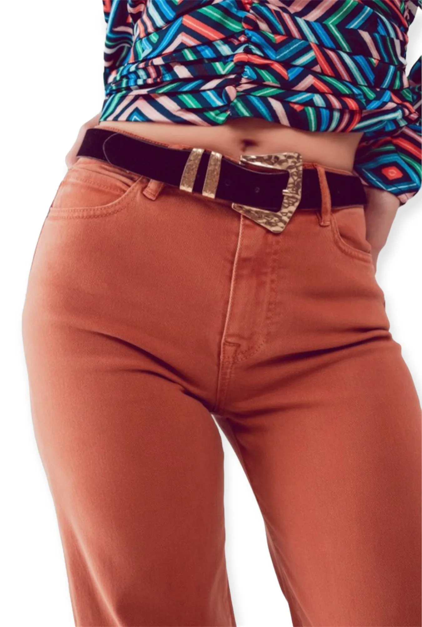 Cotton Blend Wide Leg Jeans In Orange