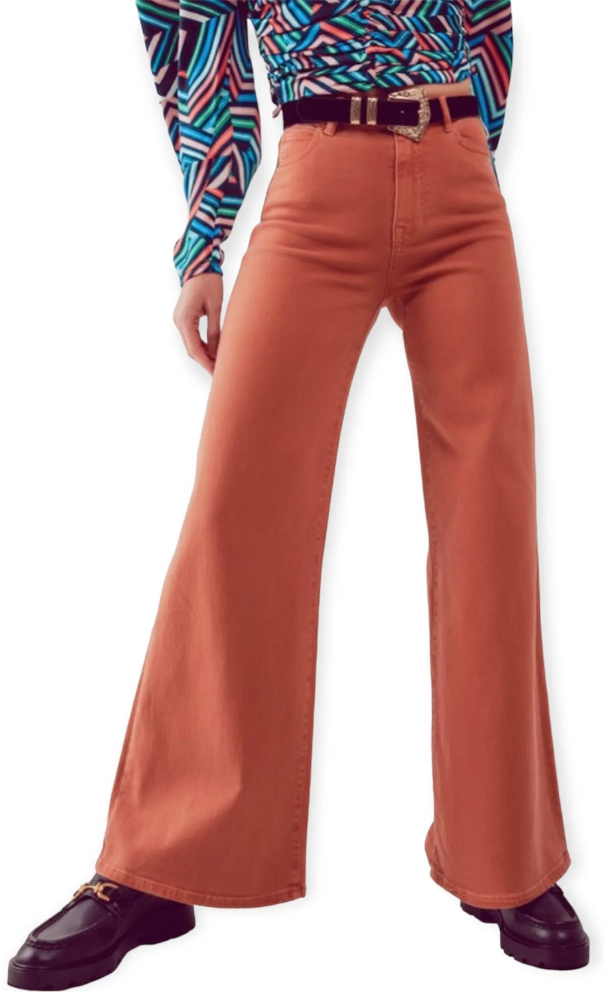 Cotton Blend Wide Leg Jeans In Orange