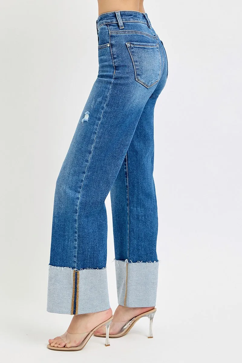 Dark Risen High Rise Wide Leg Cuffed Jeans