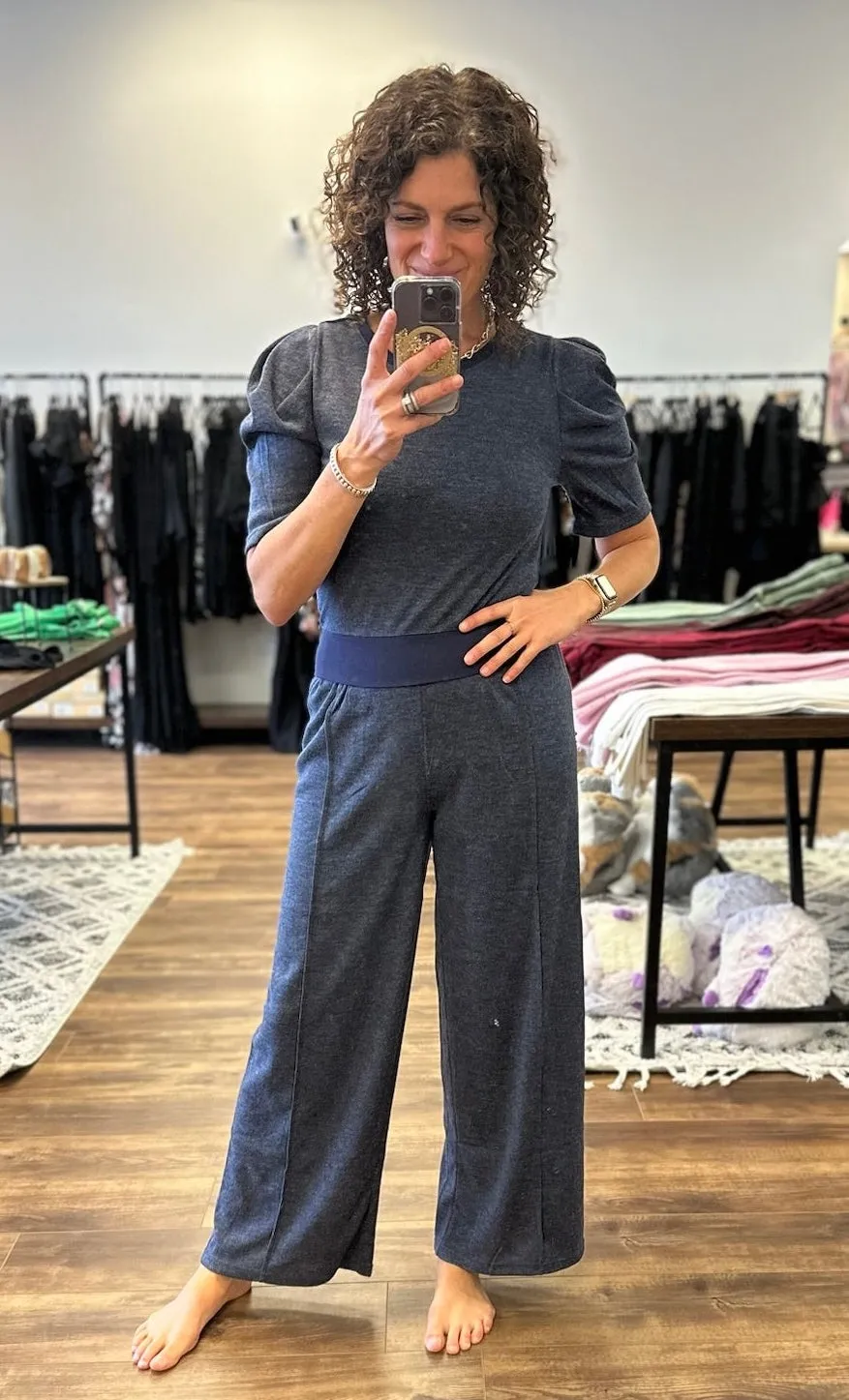 Dee - Knit Puff-Sleeved Top & Wide Pants Set - Navy