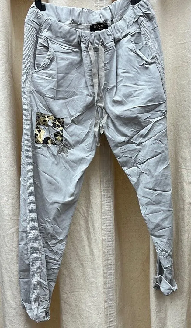 Dis Moi Italian One Size Jogger Pants in Lt Grey and Lt Green with Stars feel pants G525