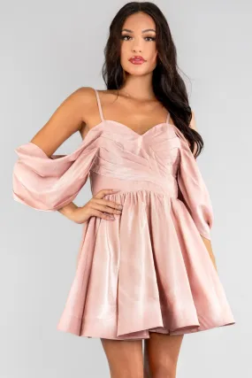 Dusty Pink Womens Off Shoulder Flared Smocked Back Satin Mini