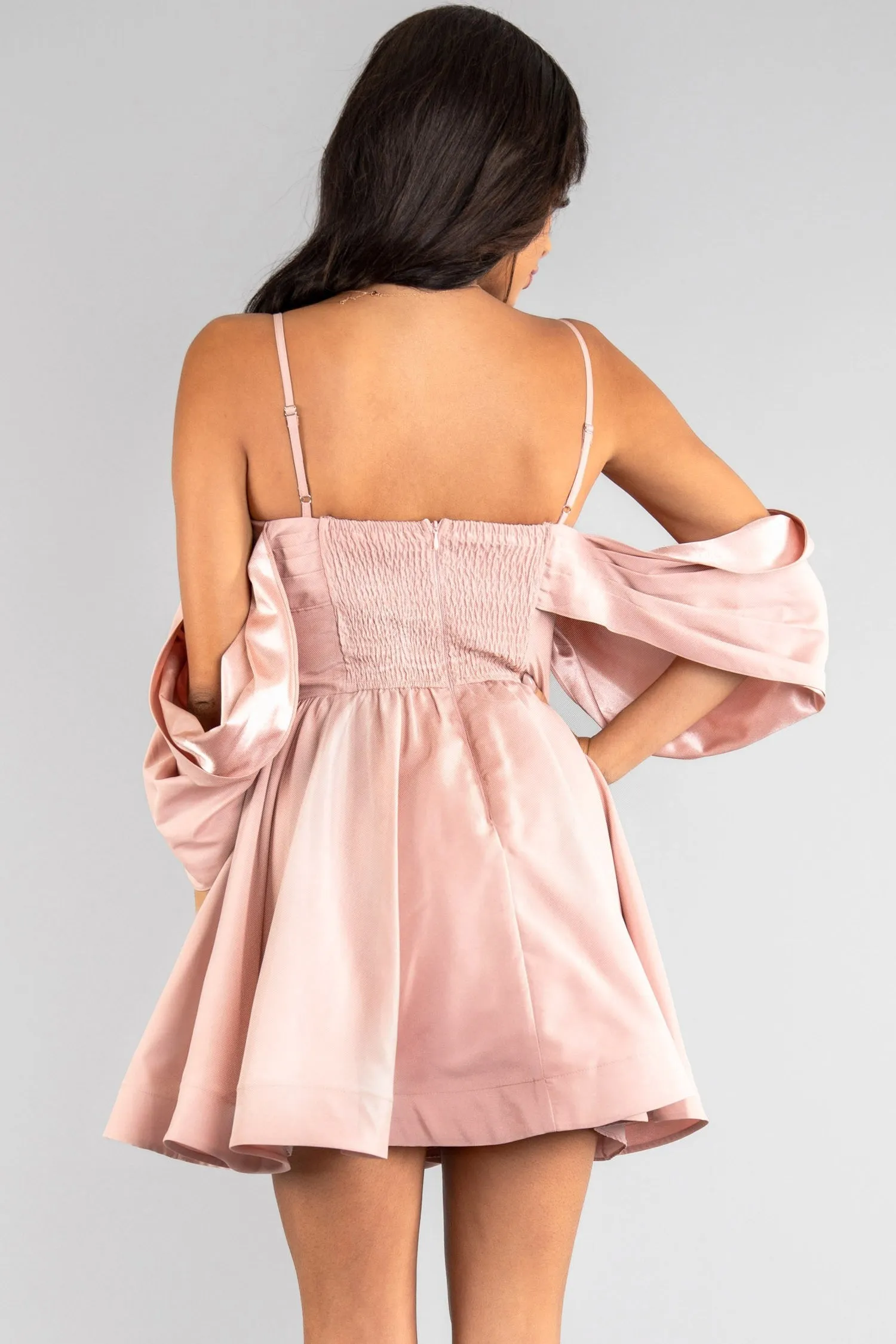 Dusty Pink Womens Off Shoulder Flared Smocked Back Satin Mini