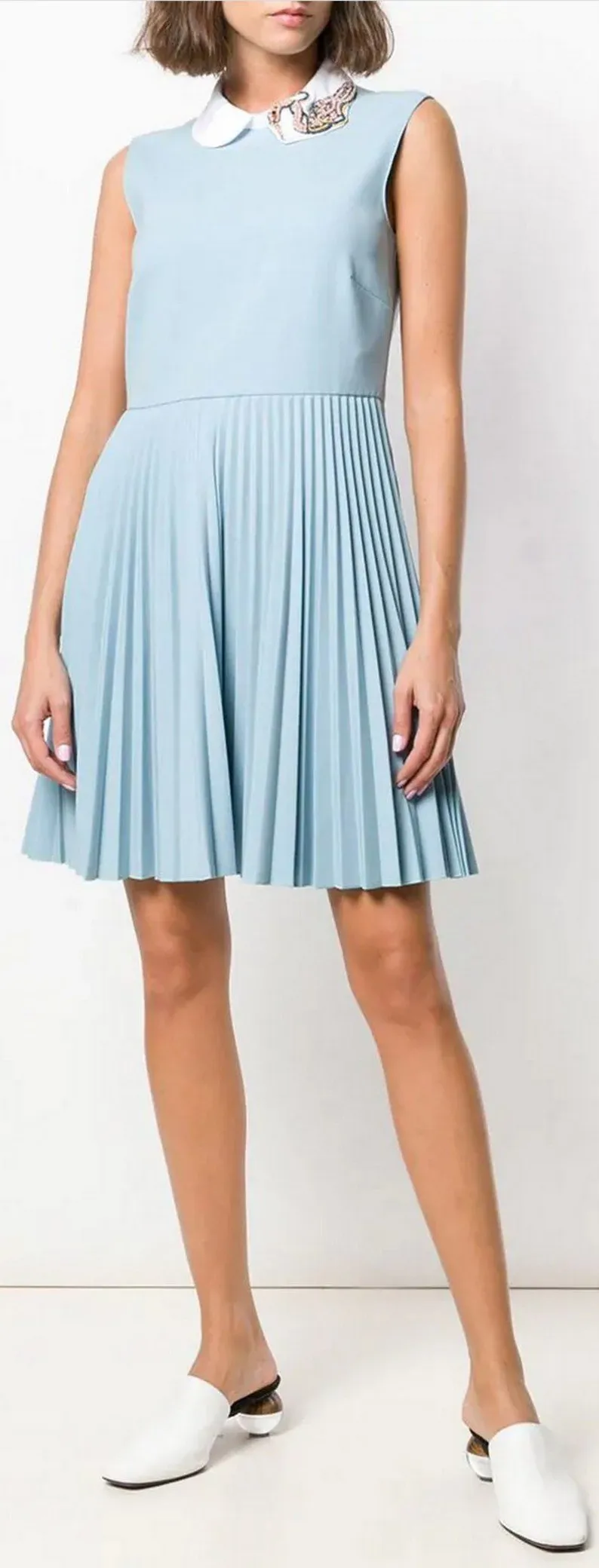 Embellished Collar Flared Pleated Dress, Blue